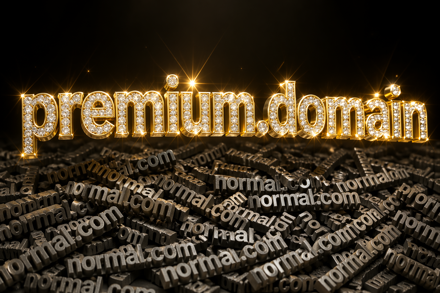 A gleaming, diamond-encrusted 'premium.domain' sign towering over a pile of dark metal letterpress blocks spelling 'normal.com'