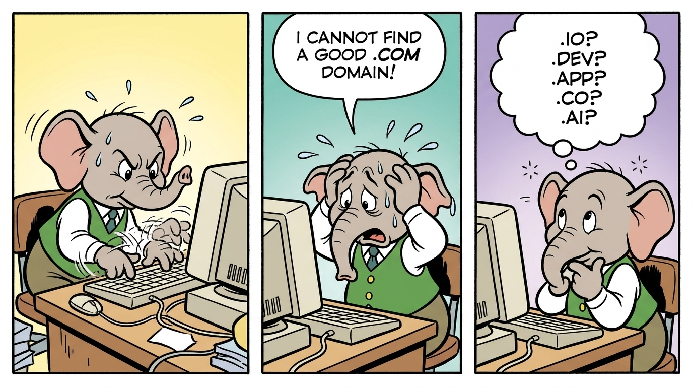 Comic: an elephant frustrated trying to find a good .com domain, then considering alternative endings like .io, .dev, .app, .co, and .ai